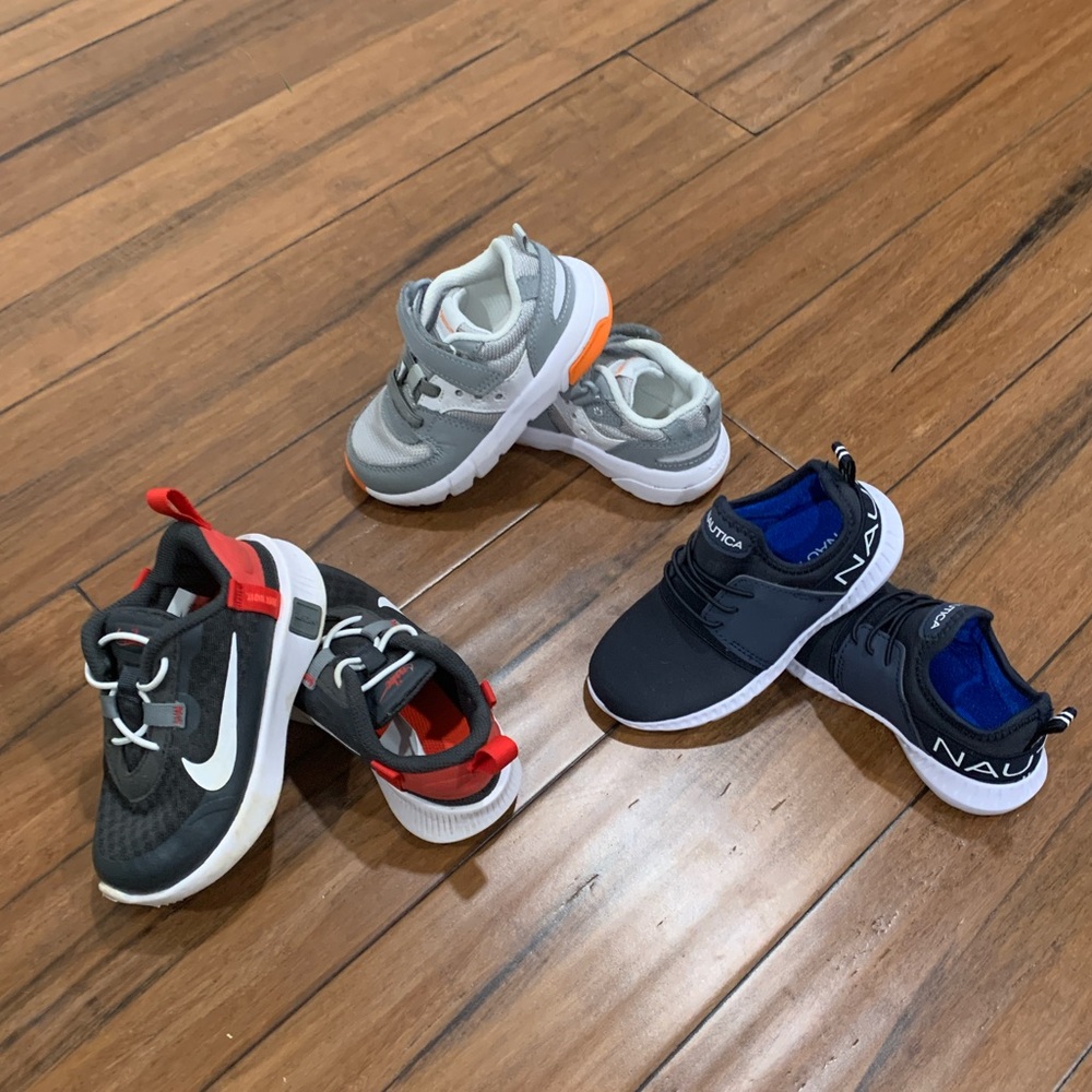 Bundle of toddler boys sneakers. Nike, Nautica, and Saucony.
